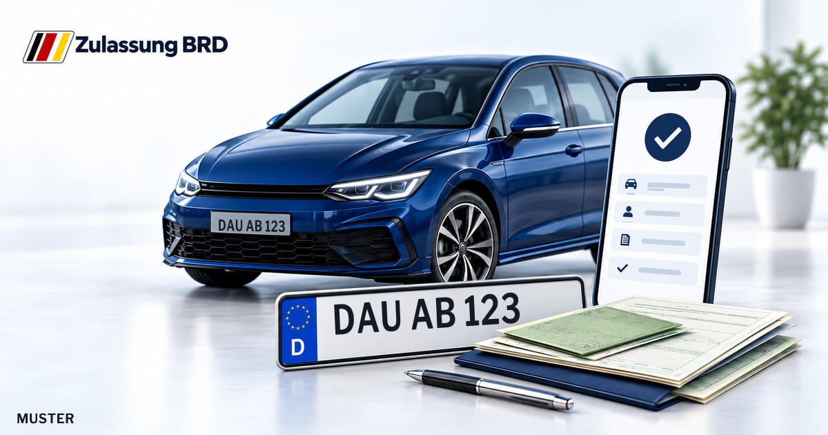 Online Fahrzeugzulassung in Jünkerath: Musterkennzeichen DAU AB 123, Auto und Fahrzeugpapiere und Smartphone. Illustration mit Logo von Zulassung BRD.